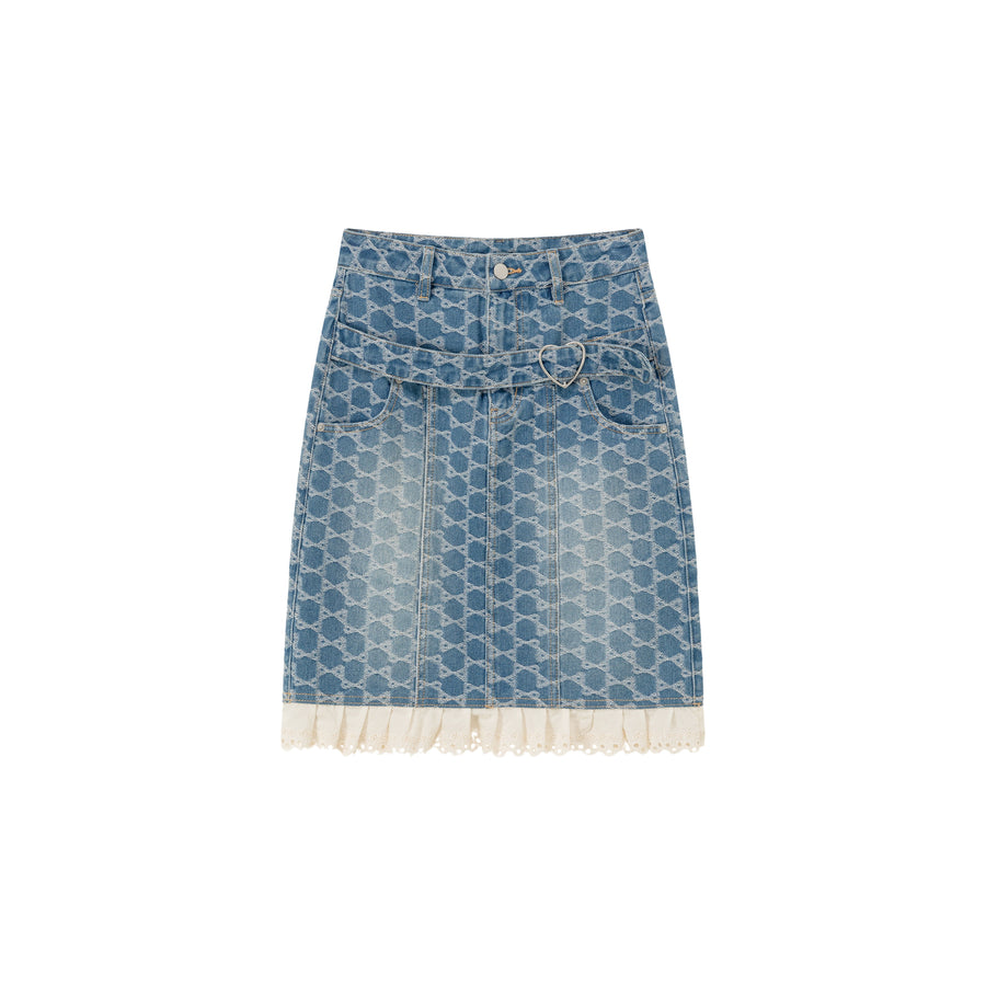 CHUU Heart Belted Lace Hem Shaped Pattern Denim Skirt