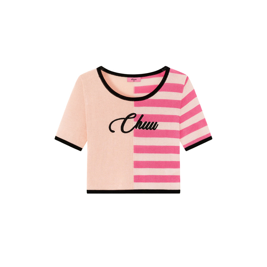 CHUU Chuu Lettering Half Striped Colorblocked Knit Crop Top