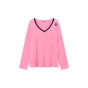 Color V Neck Loose Fit Long Sleeve Basic T-Shirt