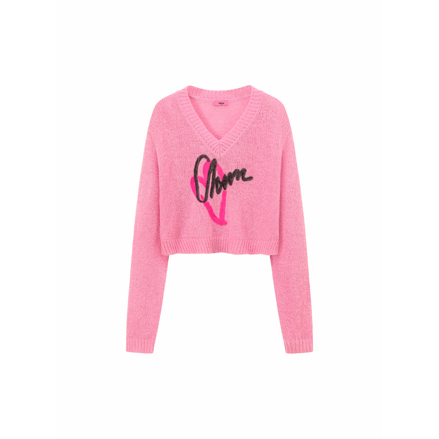 CHUU Logo Heart V-Neck Knit Sweater