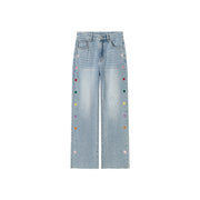 Colorful Heart Embroidered Denim Straight Wide Jeans