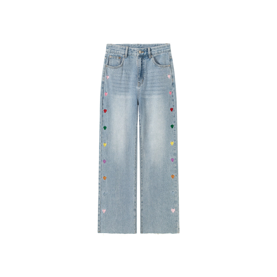 CHUU Colorful Heart Embroidered Denim Straight Wide Jeans