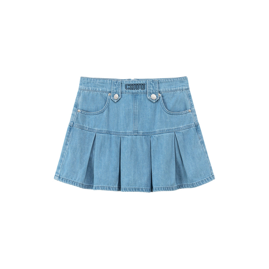 CHUU Denim Pleated Zipper Mini Skirt