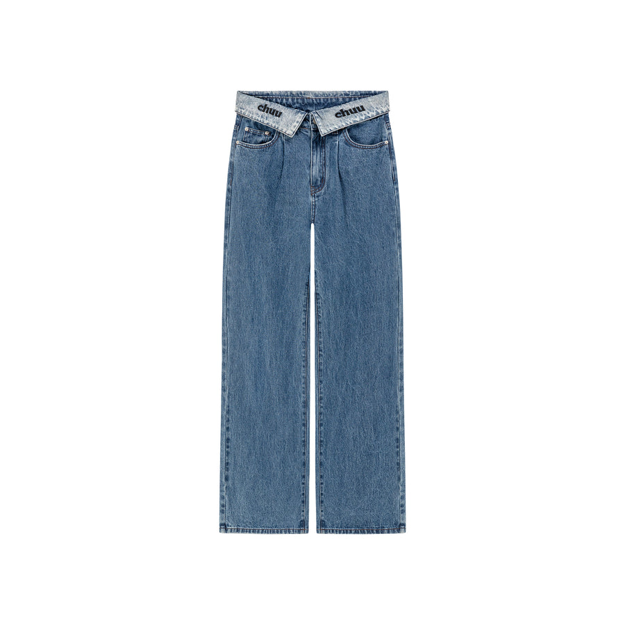 CHUU Logo Folded Waist Straight Denim Jeans