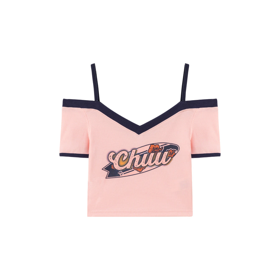 CHUU Chuu Lettering Off-The-Shoulder Crop T-Shirt