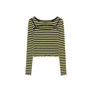 Chest Cutout Frill Long Sleeves Striped Top