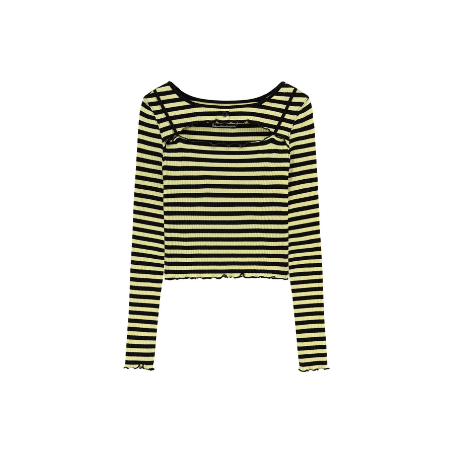 CHUU Chest Cutout Frill Long Sleeves Striped Top