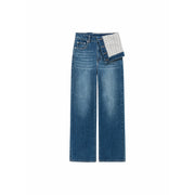 Unbalanced Folded Lettering Wide Denim Jeans