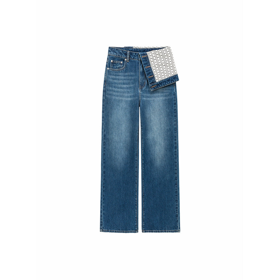 CHUU Unbalanced Folded Lettering Wide Denim Jeans