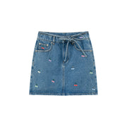 Multi Color Cherry Ribbon Tie Denim Mini Skirt