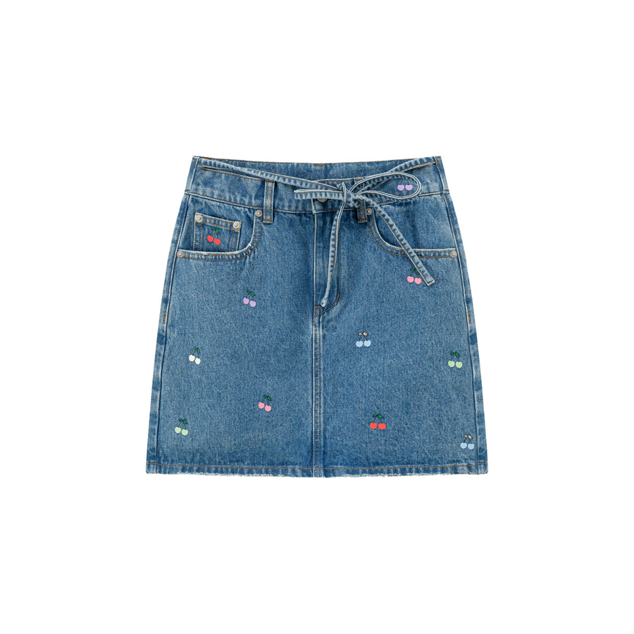 CHUU Multi Color Cherry Ribbon Tie Denim Mini Skirt