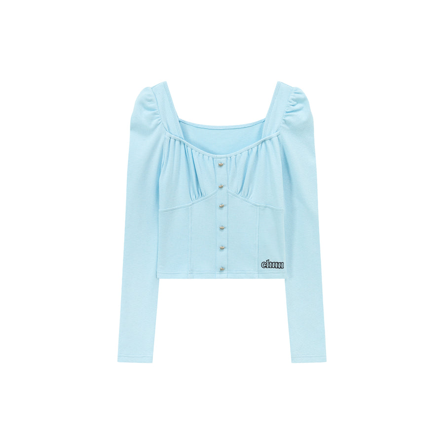 CHUU Heart Buttons Square Puff Sleeve Top