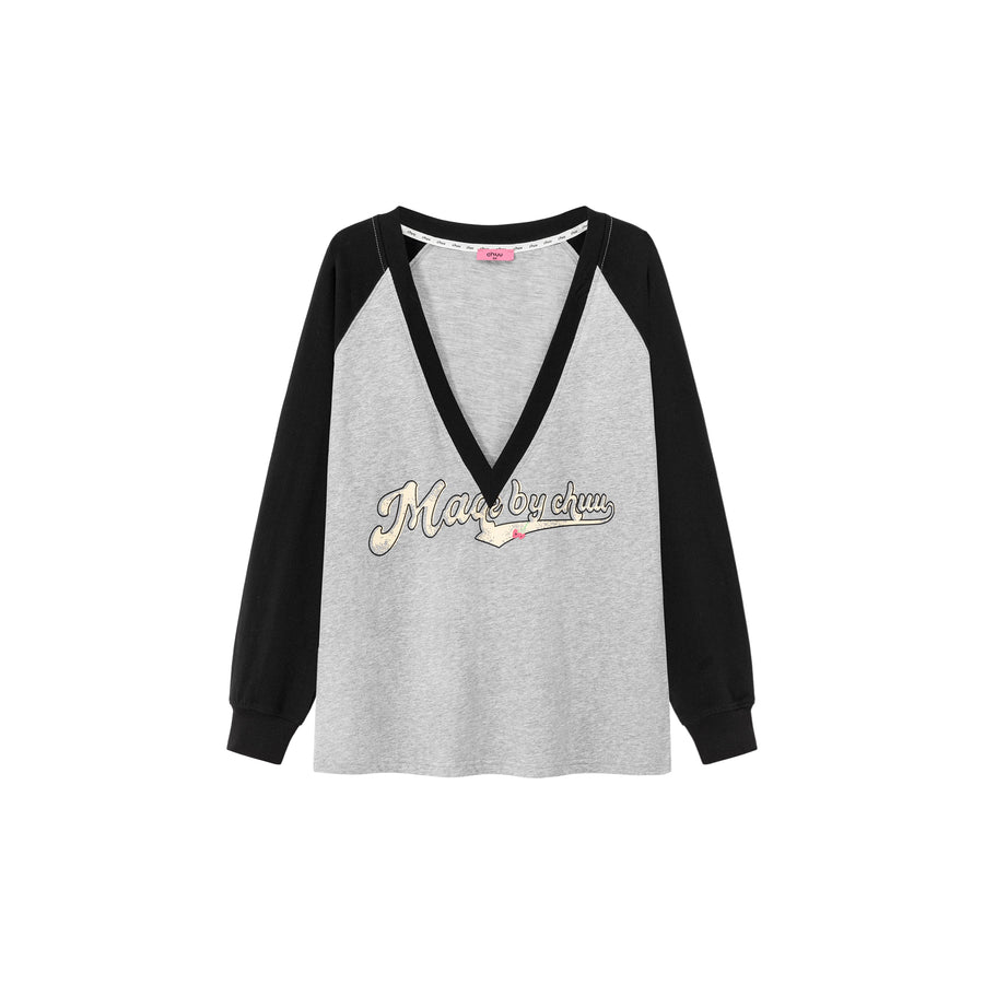 CHUU Letter Printed V-Neck Halter Layered Loosefit Sweatshirt