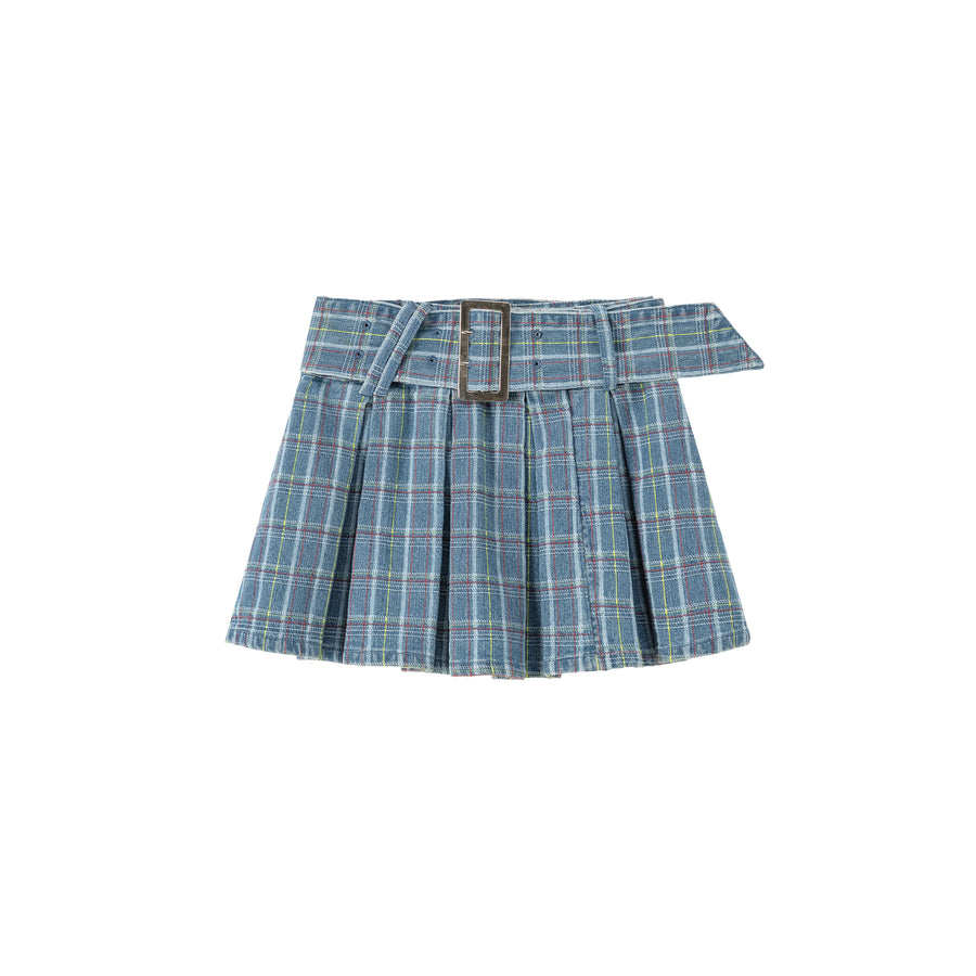 CHUU Check Pleated Big Belt Mini Skirt