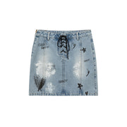 Lace Up Heart Star Denim Skirt