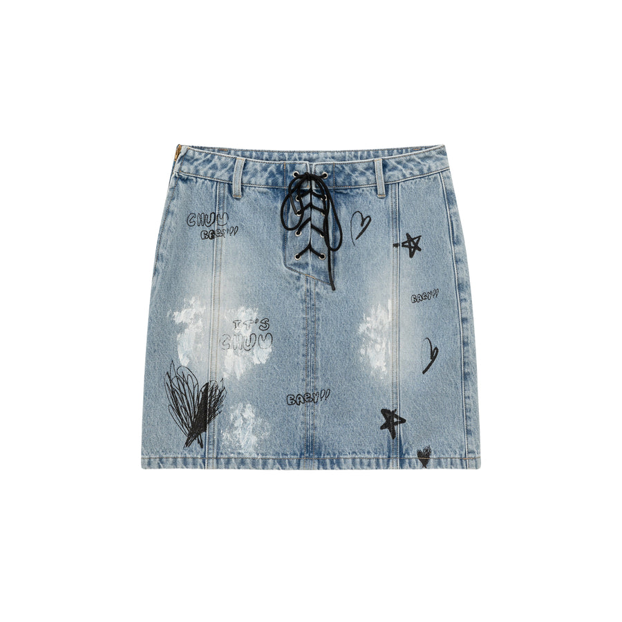 CHUU Lace Up Heart Star Denim Skirt