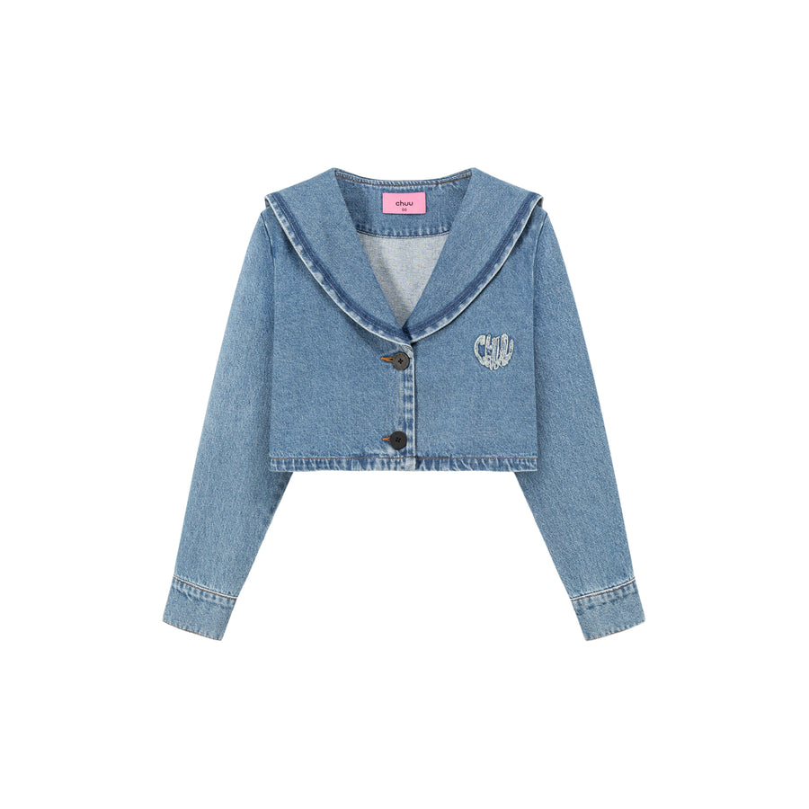 CHUU Embroidered Raw Edge Logo Sailor Denim Jacket