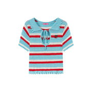 Stripe Ribbon Keyhole Knit Top