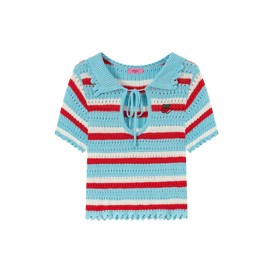 CHUU Stripe Ribbon Keyhole Knit Top