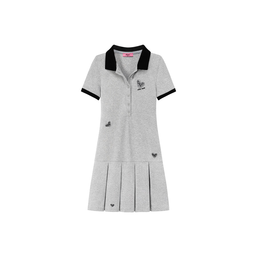 CHUU Polo Neck Pleated Short Sleeve Dress