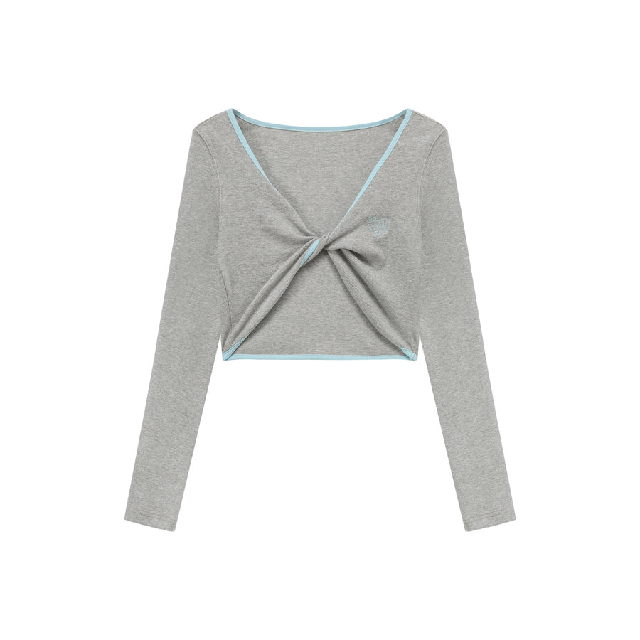 CHUU Embroidered Logo Twisted Cropped Cardigan