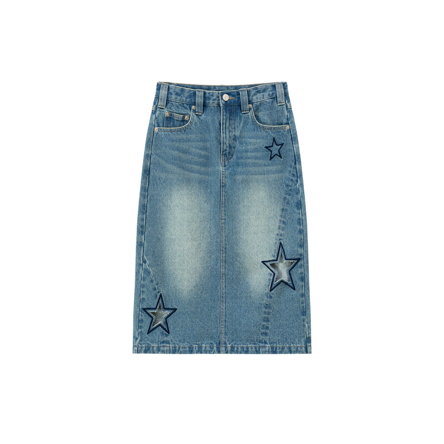 CHUU Hollow Star Washed Denim Medium Length Skirt