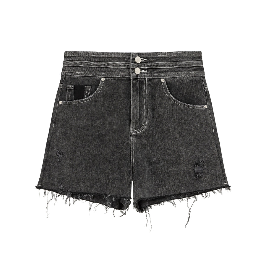 CHUU Distressed Raw Hem Double Button Denim Shorts