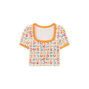 Square Neck Color Chuu Lettering Pattern Crop T-Shirt