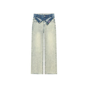 Folded Waist Color Combination Wide Denim Jeans