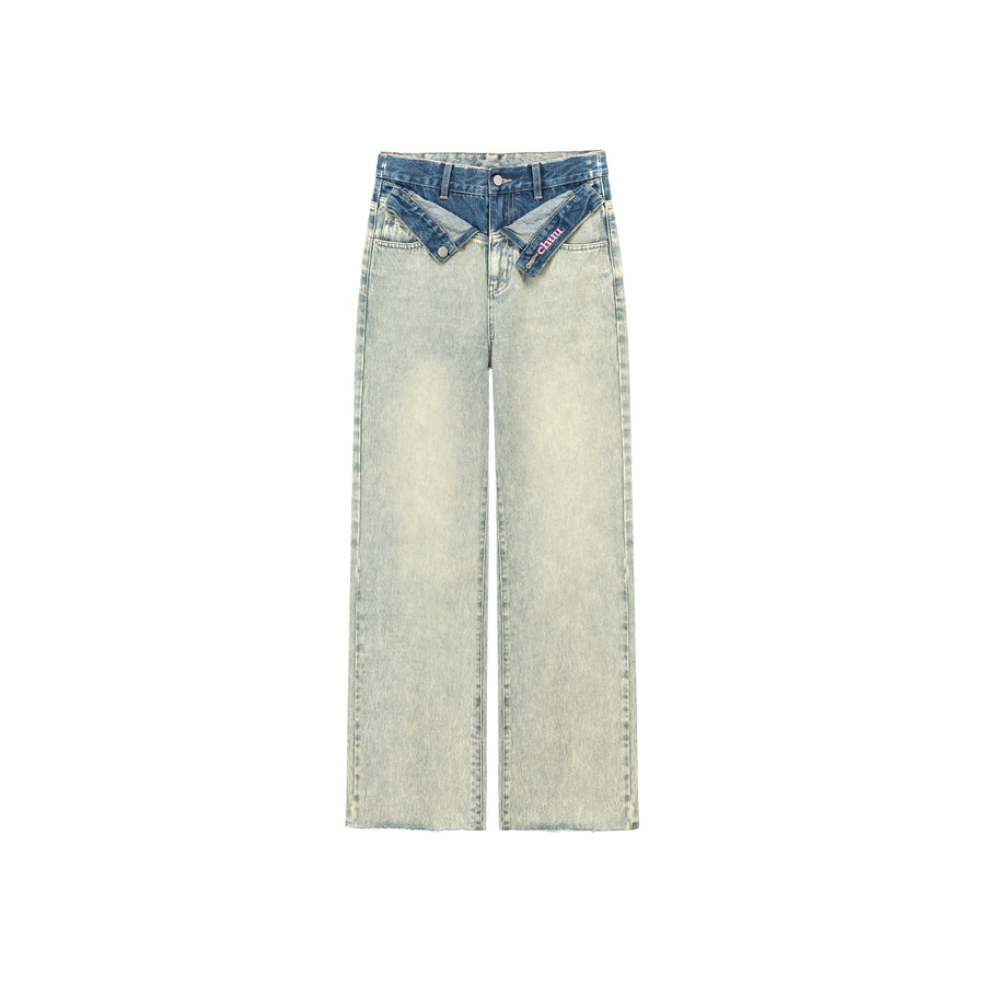 CHUU Folded Waist Color Combination Wide Denim Jeans