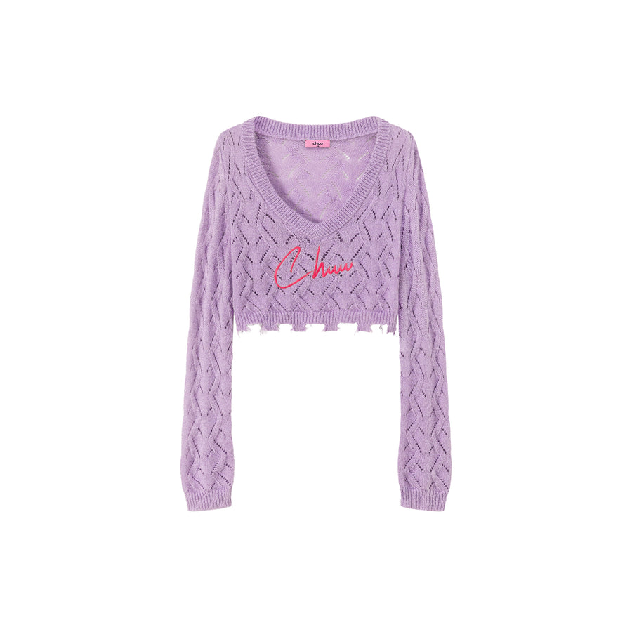 CHUU Maxi Crop Long Sleeve Eyelet Knit Sweater