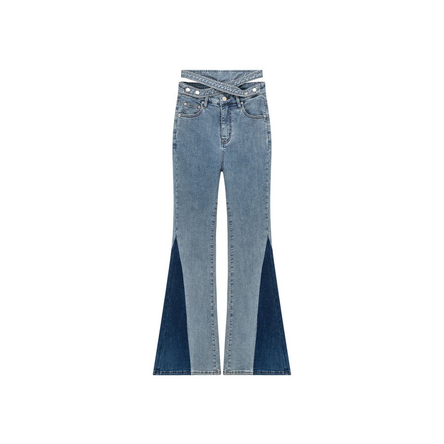 CHUU Criss Cross Belt Two Toned Bootcut Denim Pants