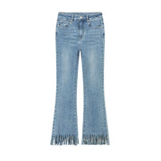 Fringe-Cut Hem Slim Denim Jeans