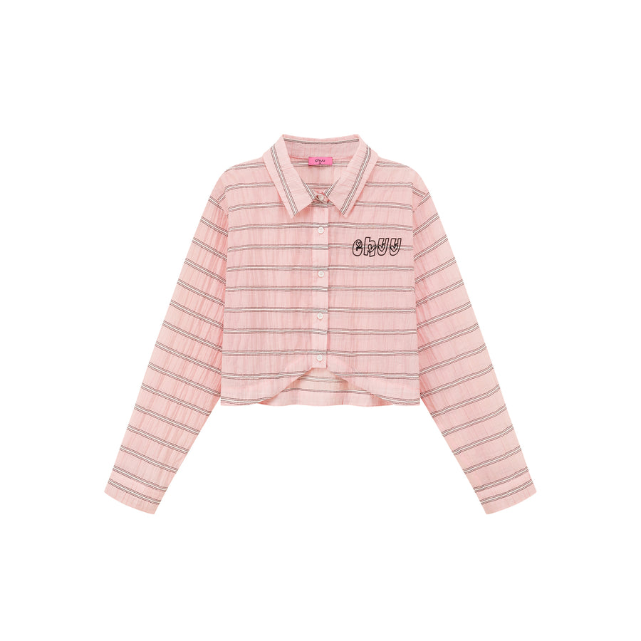 CHUU Logo Embroidered Cropped Striped Shirt