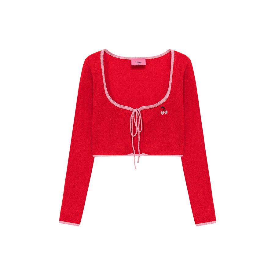 CHUU Little Cherry Embroidered Ribbon Tie Cardigan