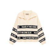 Open Collar Lettering Knit Sweatshirt