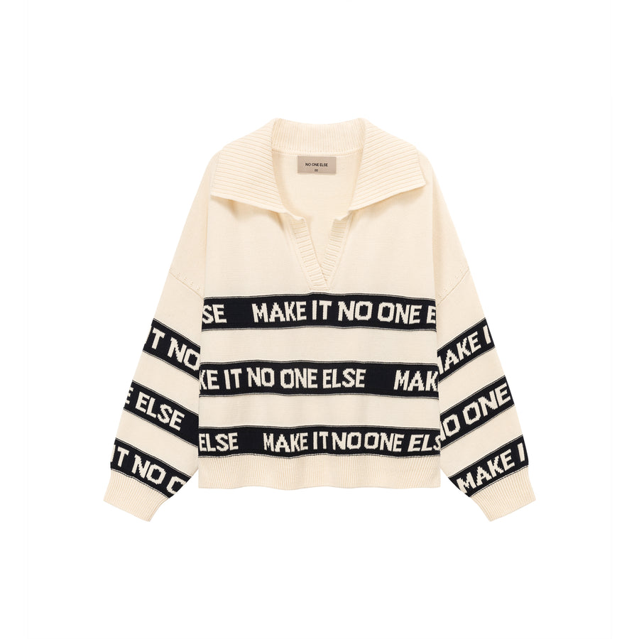 CHUU Open Collar Lettering Knit Sweatshirt