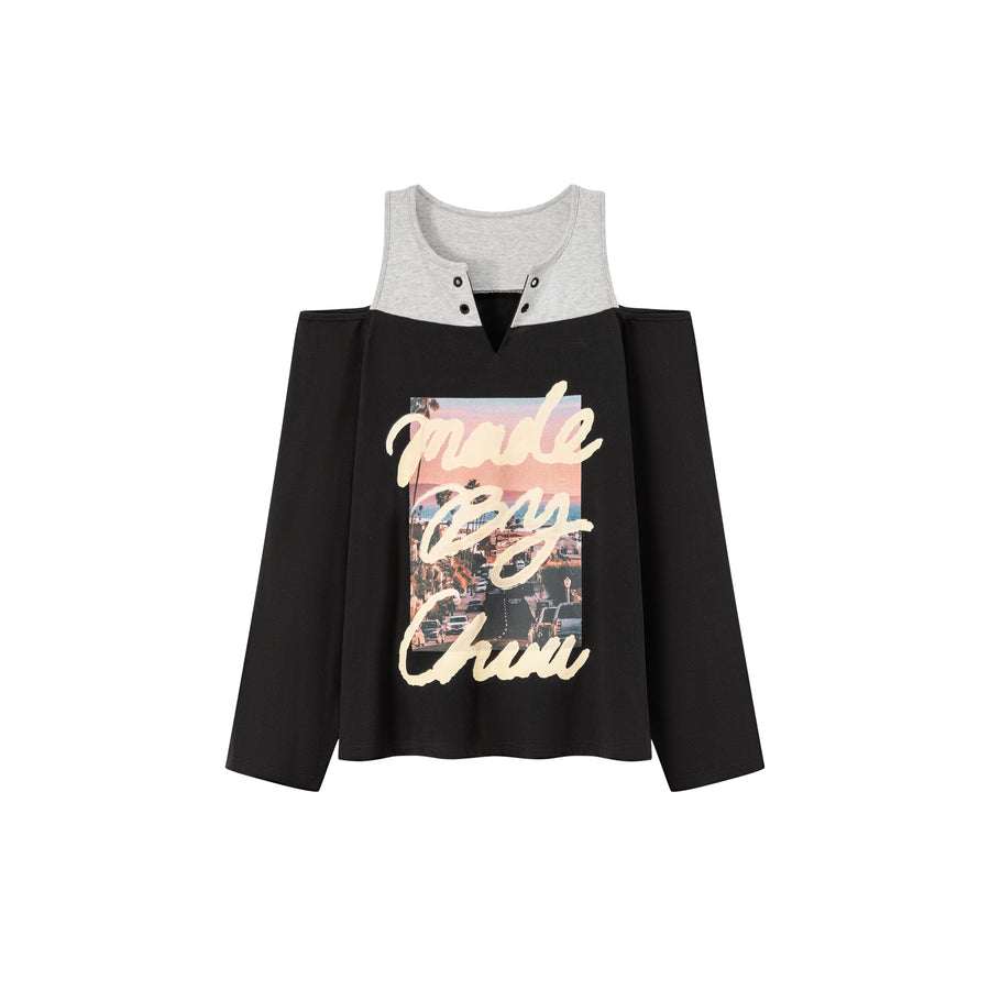 CHUU Open Shoulder Color Scenery Printed T-Shirt