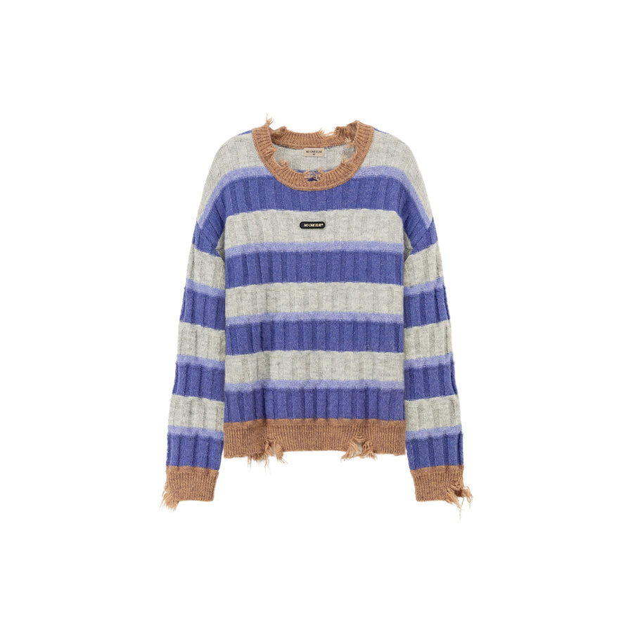 CHUU Distressed Striped Loose Knit Sweater