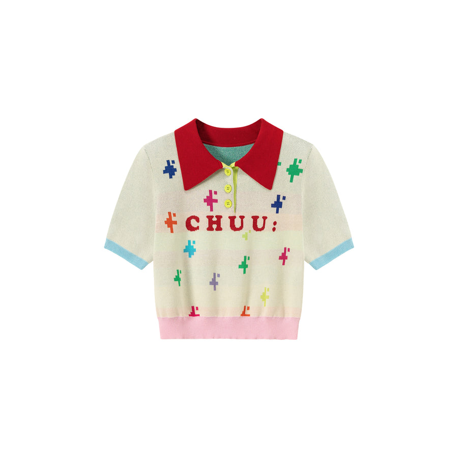 CHUU Polo Neck Color Blocked Multi-Color Pixel Block Pattern Knit Top