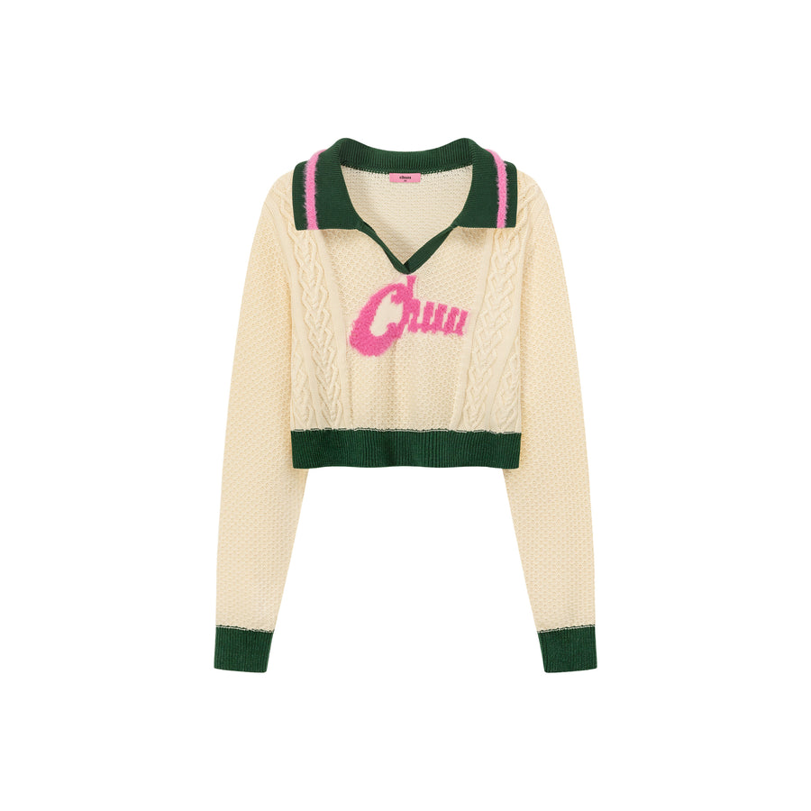 CHUU Logo Open Collar Crop Knit Sweater