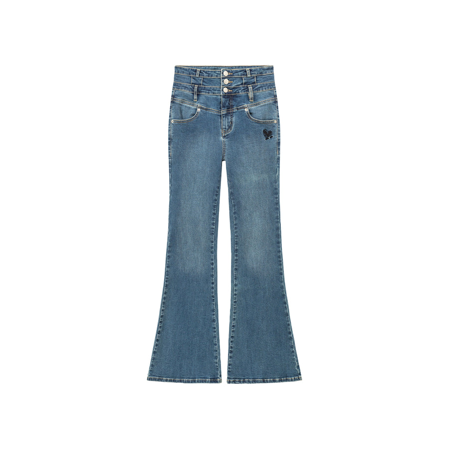 CHUU Heart Embroidered Bootcut Denim Jeans