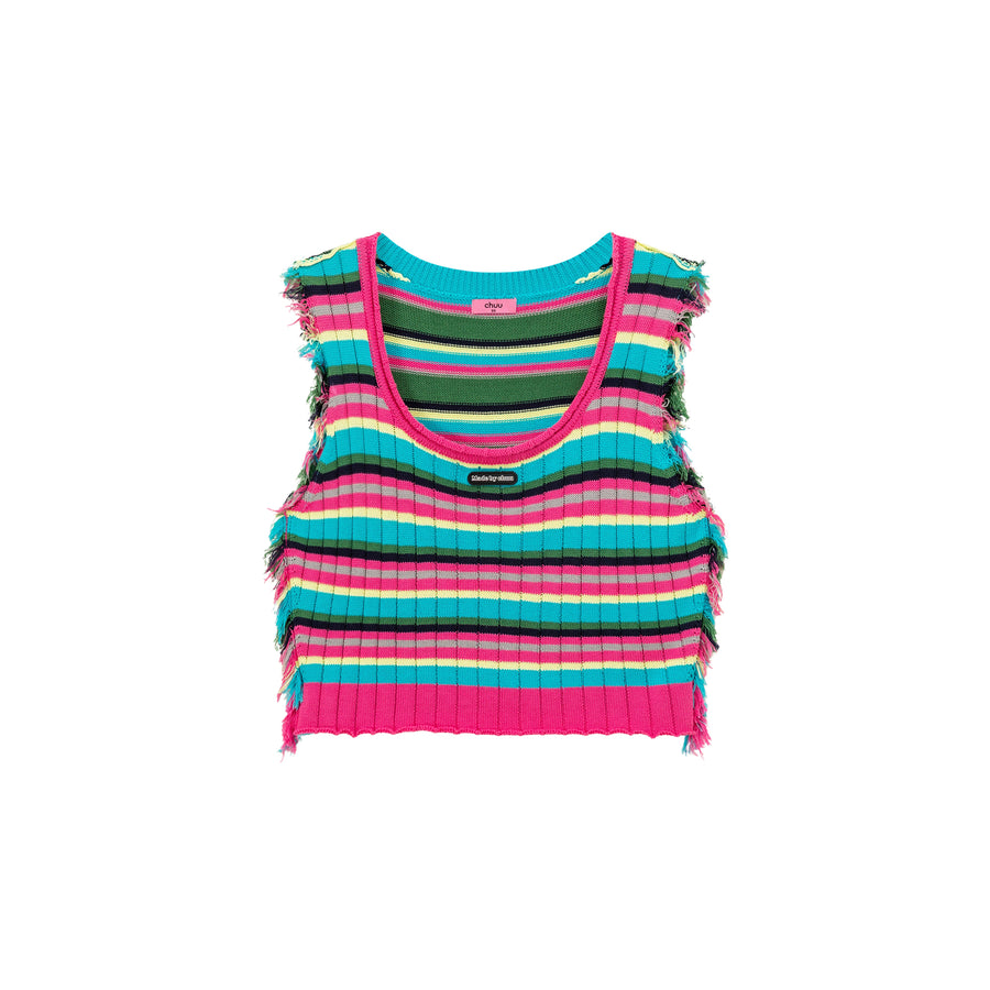 CHUU Rainbow Frayed Sleeveless Knit Top