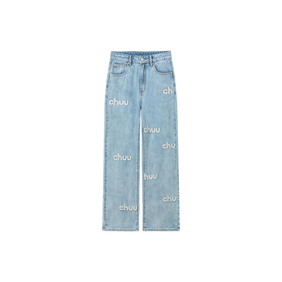 CHUU Embroidered Lettering Straight Jeans