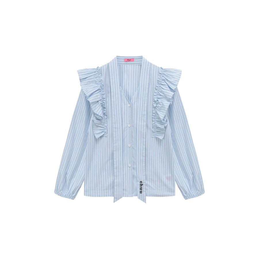 CHUU Logo Tie Ruffle Striped Blouse