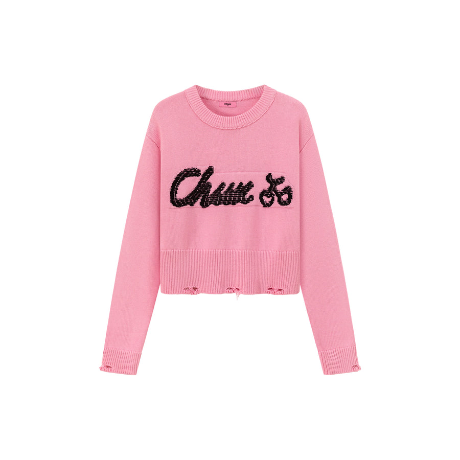 CHUU Distressed Lettering Crop Knit Sweater