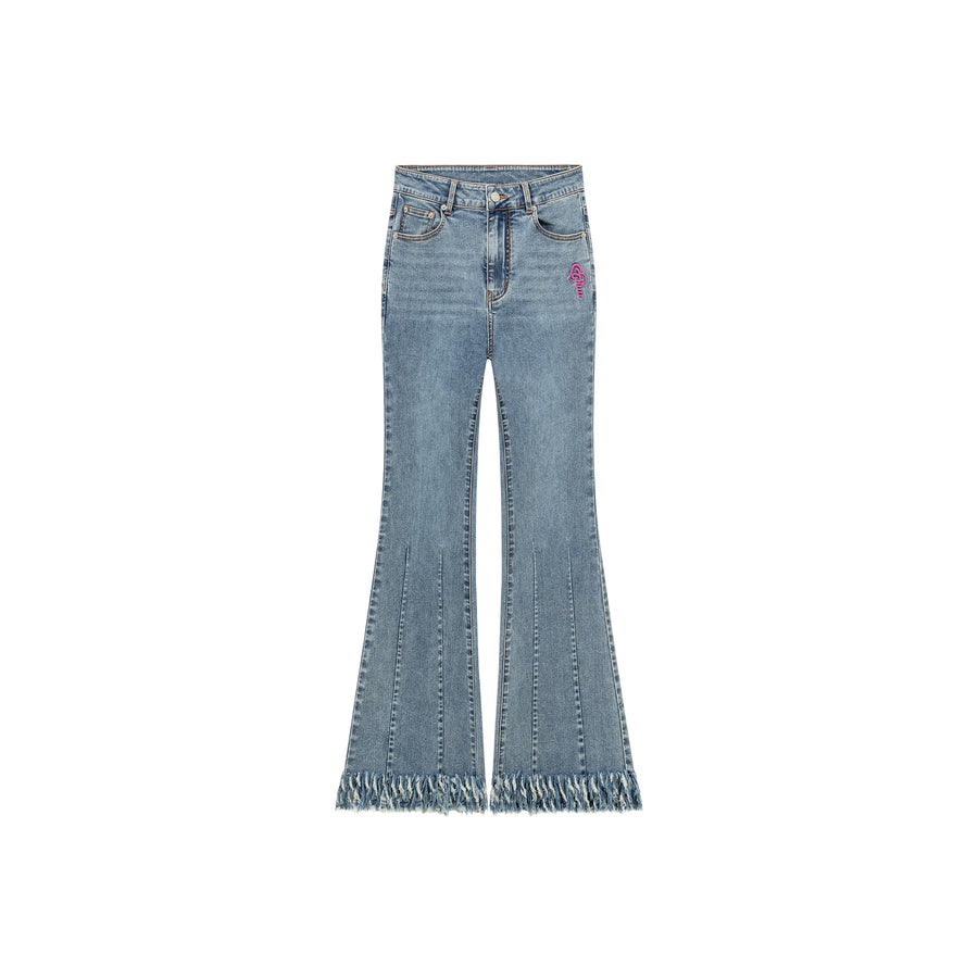 CHUU Frayed Tassel Hem Bootcut Denim Jeans