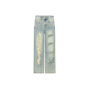 Cotton Distressed Denim Straight Leg Jeans