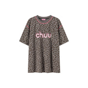 Leopard Side Slit Lettering Loose Fit Mid Length T-Shirt