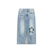 Star Denim Long Slit Skirt